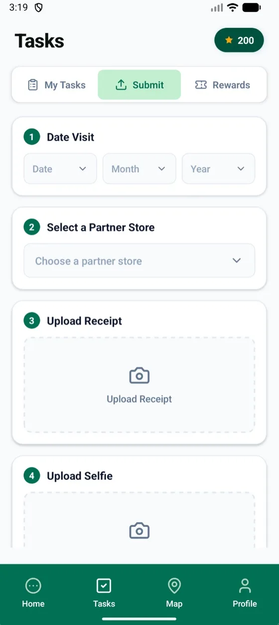 The Wegood4u Submit screen, with fields for date of visit, partner store, receipt and selfie